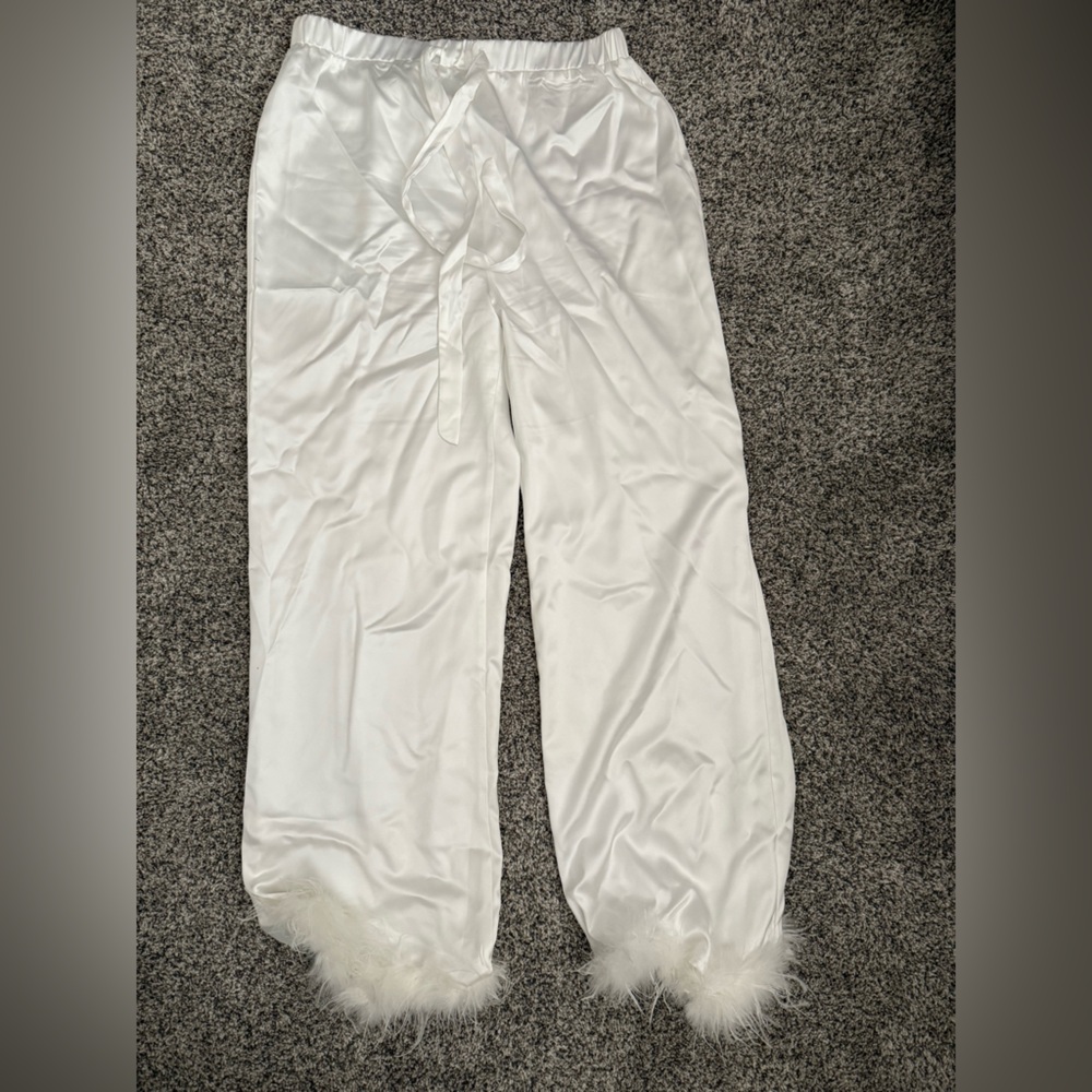 Lulu's White Satin Pajamas with Feather Trim